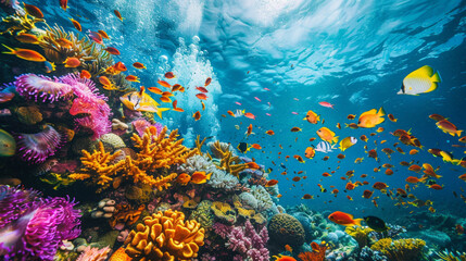 underwater coral and reef , full of colorful fish ,scuba diving ,vacation  - obrazy, fototapety, plakaty