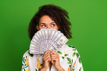 Photo of excited cunning woman dressed print shirt dollars fan close face looking empty space...