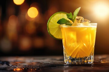 Mai Tai tropical cocktail with Rum, Lime, Mint garnish, orange liqueur, Amaretto syrup, almonds