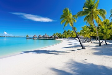 Beautiful tropical beach  with few palm trees and blue lagoon Amazing white beaches of Mauritius island, AI generated