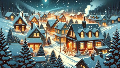 Cozy Winter Evening in a Small Town with Snow-Covered Houses - Generative AI