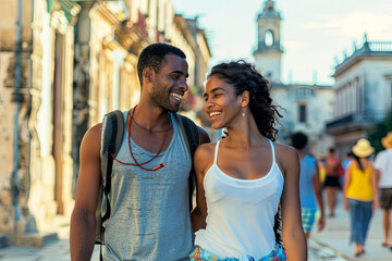 Tourists couple travel in Havana, Cuba panoramic banner. Young interracial happy couple backpacking vacation walking on Plaza de la Catedral, Old Havana - obrazy, fototapety, plakaty