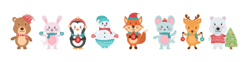 Holidays cartoon character in flat design. Greeting flyers. Hand drawn card, banner with Christmas cute animals and snowmen in Santa Claus hats, sweaters, lights. Vector illustration