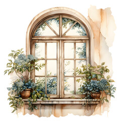 watercolor drawing of a window in bloom on a white and transparent background, vintage window.