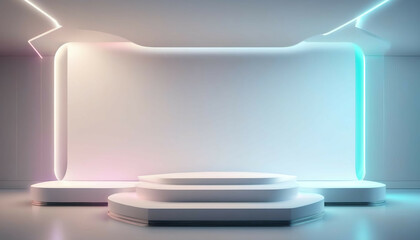 Beautiful futuristic background for presentation with modern podium, textured white wall and neon backlight. 