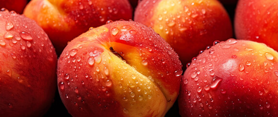 Fototapeta na wymiar Fresh peach fruit, with water drops over it, closeup macro detail. Generative AI