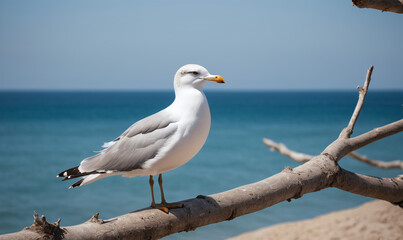 Obraz premium A seagull perching on a branch, looking at the tranquil sea
