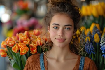 Naklejka premium Portrait of a young female florist selling flowers