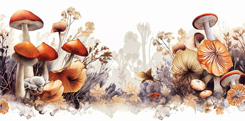 A row of mushrooms are shown in a field of grass.