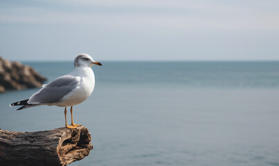 A seagull perching on a branch, looking at the tranquil sea