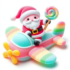 Fototapeta na wymiar a cute santa riding a airplane made of pastel color rainbow gummy candy on a white background