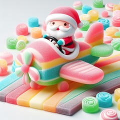 a cute santa riding a airplane made of pastel color rainbow gummy candy on a white background