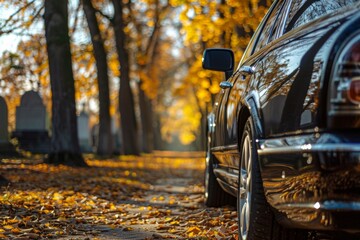 A car with automotive lighting parked on a leafcovered path in a cemetery. Generative AI