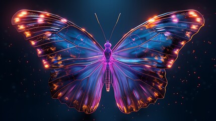 3D Render of Magical glowing neon and fluorescent butterfly in top view AI generated
