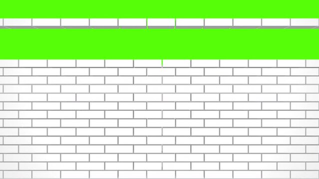 Assembling white brick wall on green background. Transition Concept. Construction of masonry wall