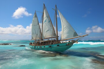 Fototapeta premium A white yacht gracefully sails across the glistening sea on a bright, cloudless day.The camera zooms in on the deck, capturing the bow and billowing sails as they cut through the waves