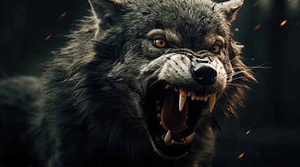 Big dangerous wolf with sharp fangs in the forest. Ai generative