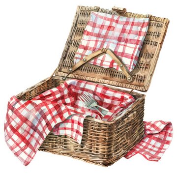recommend clip art: A picnic basket with a red and white checkered cloth watercolor clipart