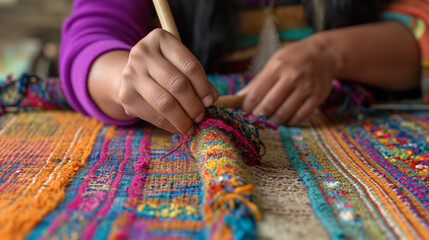 Close-up of hands weaving colorful textile on a loom. Artisan craft and traditional handiwork concept.