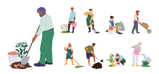People cartoon characters gardening with tools, working on ground, landscaping and planting flowers - obrazy, fototapety, plakaty