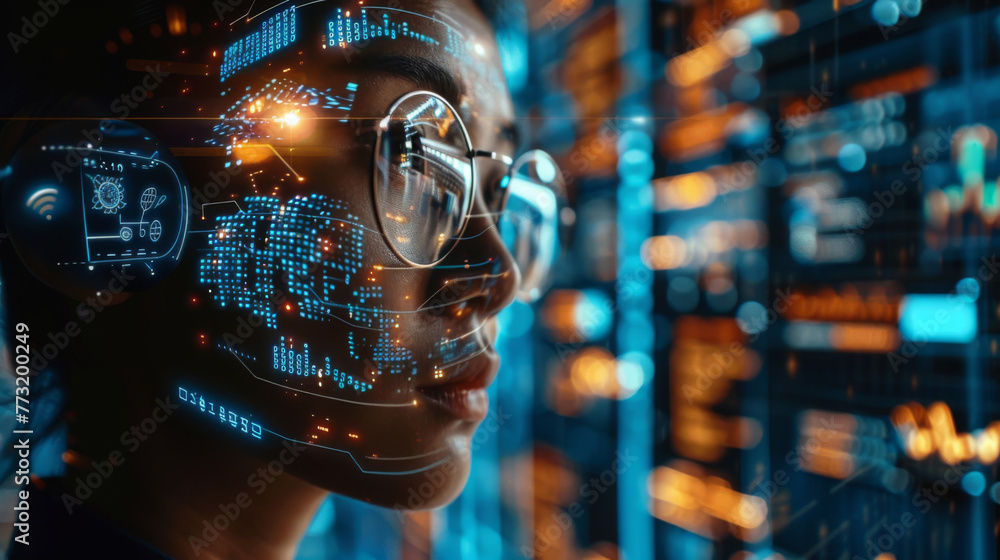 Aufkleber tech-savvy woman exploring a global digital network concept interface.