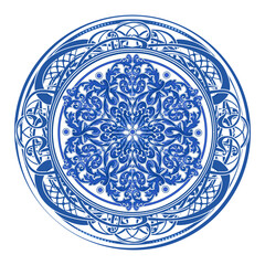 Vector decorative circular pattern in yellowish, navy blue and white design with frame or border. Baroque Vector mosaic.  - 773200224