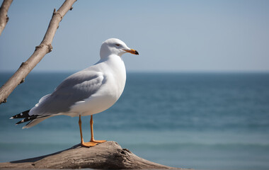 Fototapeta na wymiar A seagull perching on a branch, looking at the tranquil sea