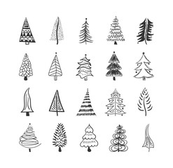 Christmas tree icon brush hand drawn stroke ink design element silhouette set. Doodle ink seamless pattern for New Year. Festive decoration. Abstract doodle drawing of wood. Vector illustration.