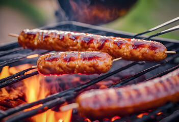 Juicy grilled sausages on a barbecue grill with flames underneath. Outdoor cooking concept.