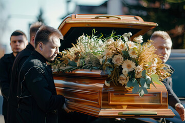 Bearers are carrying a coffin in a mourning car