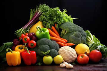 Variety of raw organic vegetables and fruits Balanced diet Assortment of fresh organic fruits and vegetables