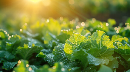 A close-up shot captures raindrops delicately clinging to green organic vegetable leaves, illustrating eco-conscious farming methods and a harmonious connection with nature.