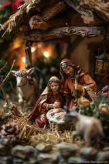 Christmas crib with child jesus, josef and mary in stable at bethlehem - obrazy, fototapety, plakaty