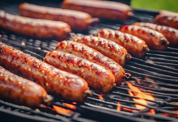 Juicy grilled sausages on a barbecue with flames.