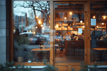 Modern cafe storefront captured at dusk, showcasing the illuminated interior and urban surroundings