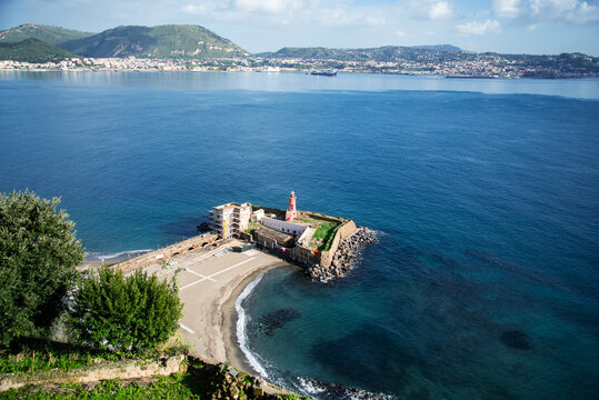 Baia, Naples,, Italy. Lighthouse beach from the terrace of the Aragonese castle