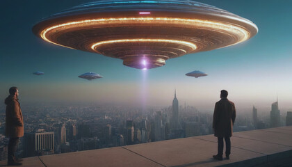 alien invasions. World UFO Day. aliens among humans. The arrival of an alien ship to earth. people noticed UFOs in their city. flying saucer in the city