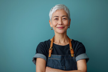 Mature woman with gray hair and confident smile in blue apron on turquoise background - obrazy, fototapety, plakaty