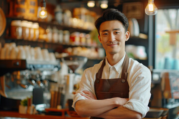 Asian Male barista with warm smile standing arms crossed in front of espresso machines