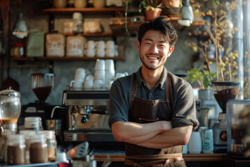 Happy Asian male cafe owner with arms folded in front of coffee shop counter