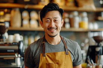 Friendly Asian owner in mustard apron over grey shirt, Asian man standing in a well-stocked coffee shop