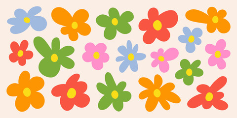 Abstract organic spring flowers. Simple naive icon set. Trendy random figures. Vector cartoon illustration	