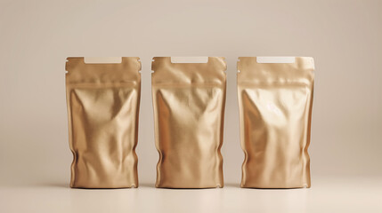 Blank Gold Foil Packaging Bags on Neutral Background for Branding. Set of Three Plain Stand-up Pouches for Product Mockup Design