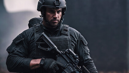 Fototapeta premium a modern soldier. A soldier in a hot spot. modern special forces. a soldier at war. military revolution. Military invasion