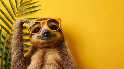 Primate wearing sunglasses lounging on yellow background. Copy Space . Generative AI - obrazy, fototapety, plakaty