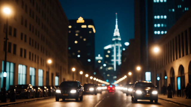 Blurred image of a night city street with cars