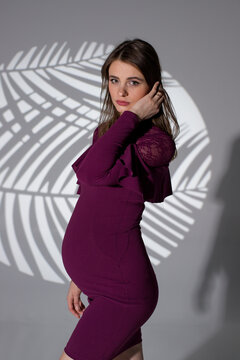 portrait of a pregnant woman in dress, pregnancy woman posing on a grey background, studio pregnancy photo shoot