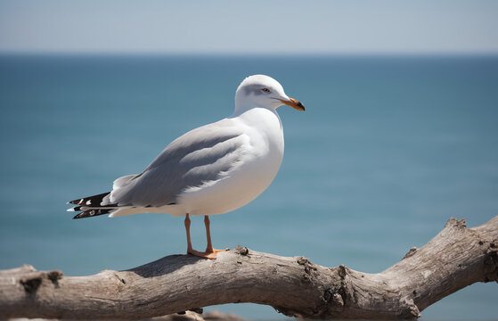 A seagull perching on a branch, looking at the tranquil sea
