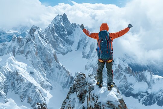 A businessman triumphantly raises his arms in victory as he reaches the summit of a mountain, symbolizing the attainment of ambitious business goals through perseverance and determination