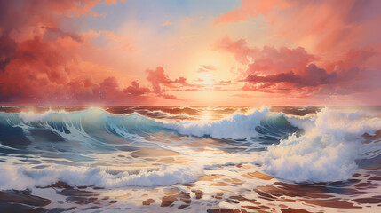 Vividly painted ocean waves under a spectacular sunset sky shine in a captivating watercolor illustration.
